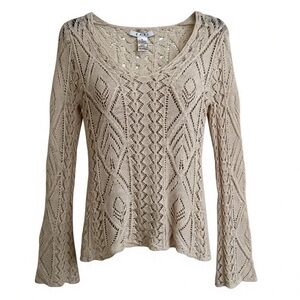 CAbi Tan Open Knit Mohair Blend Bell Sleeve Top Sz S Boho Indie Sleaze Festival
